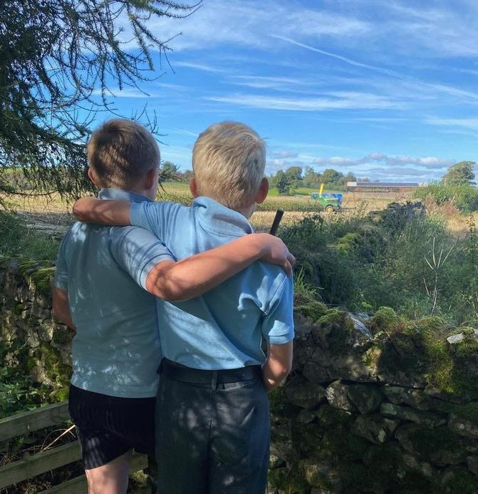 Two boys, seen from behind in light blue shirts, watching a tractor in a field over a dry stone wall under a blue sky.