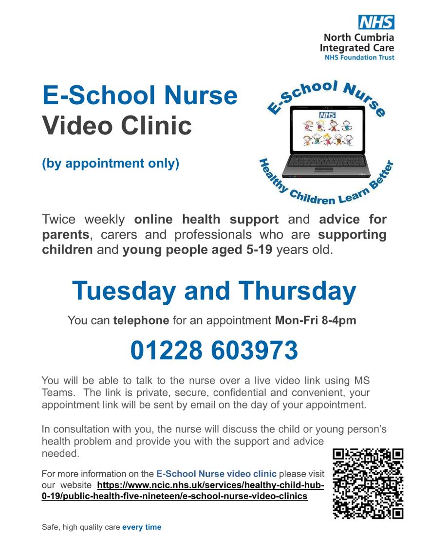 Poster advertising the NHS E-School Nurse Video Clinic, providing online health support for children aged 5-19.